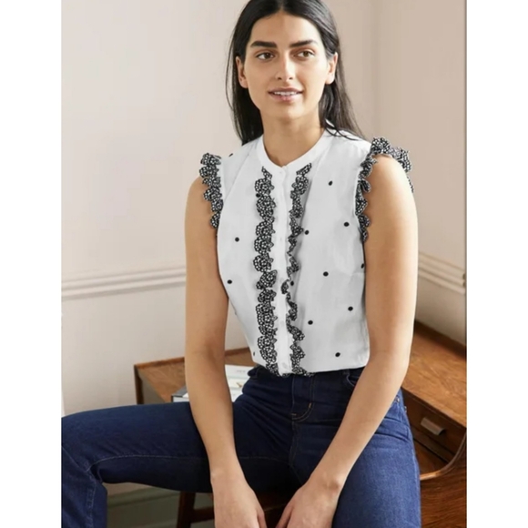 Boden Tops - Boden | Sleeveless Embroidered Shirt - Broderie - White with Black Polkadot